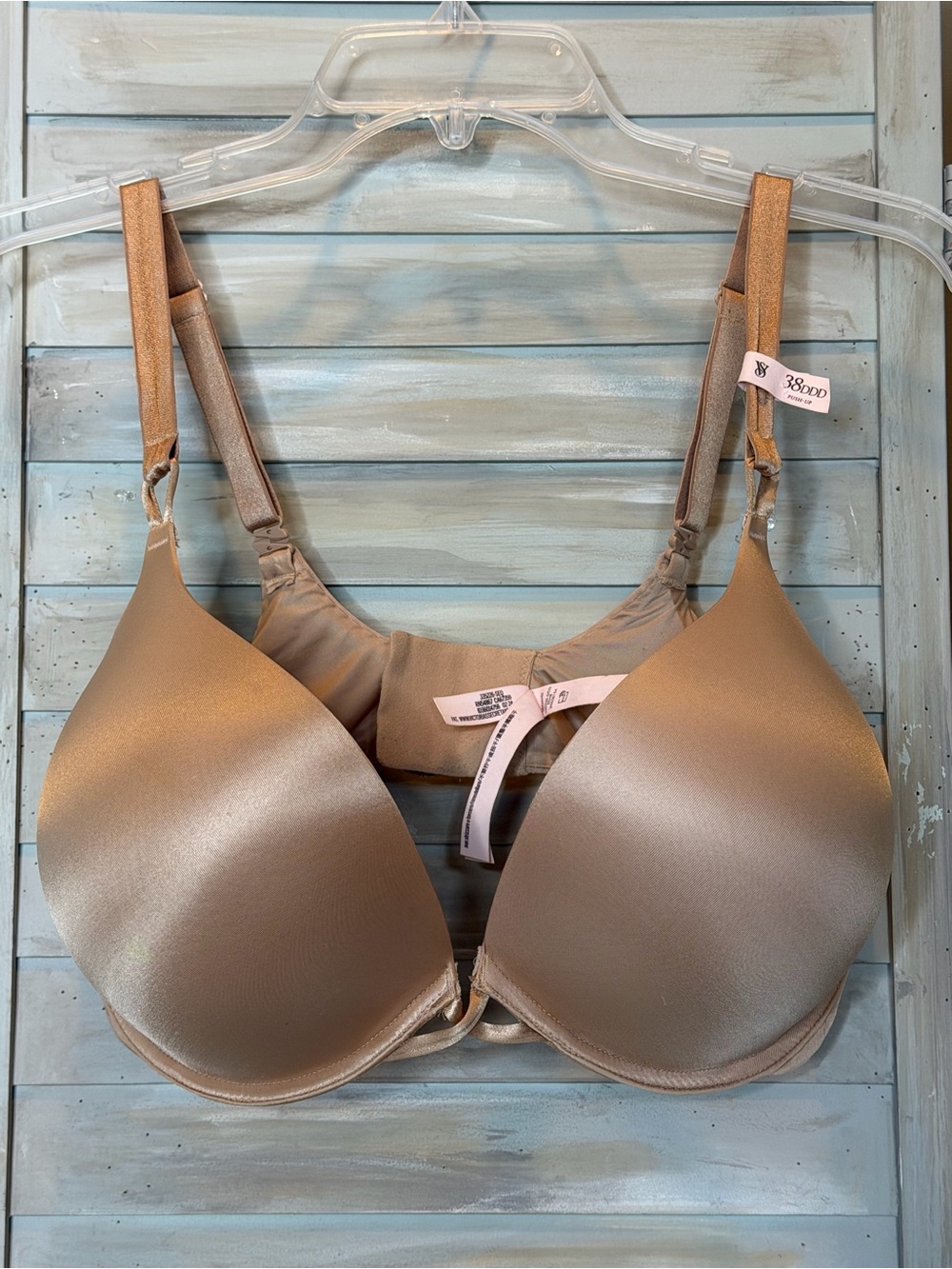Victoria’s Secret bombshell plunge tan beige bra 38DDD padded underwire NWT